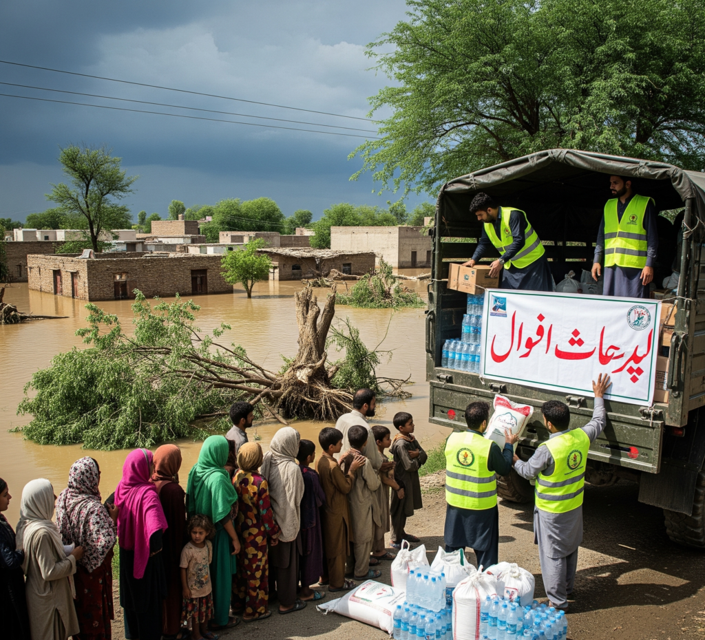 aid distribution in a flood-hit area in Pakistan